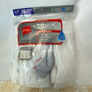 HANES MENS WHITE ULTIMATE CREW SOCKS SZ 6-12 NEW 10 PAIRS COTTON VALUE PACK